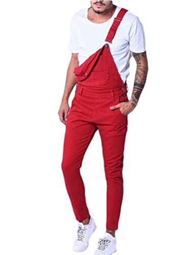 Tomwell Herren Jeans Latzhose Lange Jeanshose Jumpsuit Suspender Pants Retro Denim Bib Skinny Fit Streetwear Stone-Washed Zerreißen Arbeitshosen Qualität mit Taschen G Rot L von Tomwell