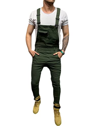 Tomwell Herren Jeans Latzhose Lange Jeanshose Jumpsuit Suspender Pants Retro Denim Bib Skinny Fit Streetwear Stone-Washed Zerreißen Arbeitshosen Qualität mit Taschen H Grün XS von Tomwell