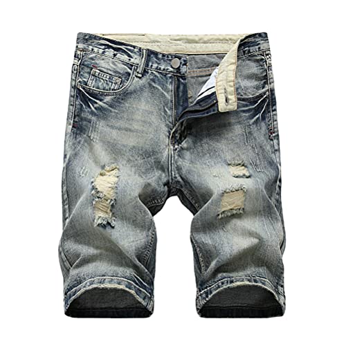 Tomwell Herren Jeans Shorts Zerrissene Jeans Kurze Hosen Sommer Freizeit Gerade Bermuda Jeans Denim Sommer Shorts Männer Vintage Blau Destroyed Jeanshose Slim Fit A Grau L von Tomwell