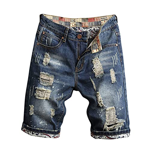 Tomwell Herren Jeans Shorts Zerrissene Jeans Kurze Hosen Sommer Freizeit Gerade Bermuda Jeans Denim Sommer Shorts Männer Vintage Blau Destroyed Jeanshose Slim Fit B Blau L von Tomwell