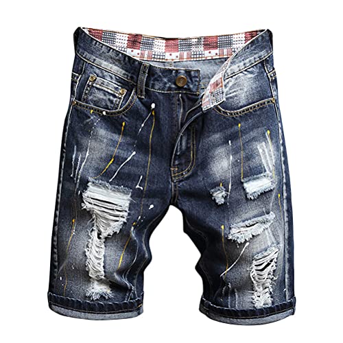 Tomwell Herren Jeans Shorts Zerrissene Jeans Kurze Hosen Sommer Freizeit Gerade Bermuda Jeans Denim Sommer Shorts Männer Vintage Blau Destroyed Jeanshose Slim Fit E Blau XL von Tomwell