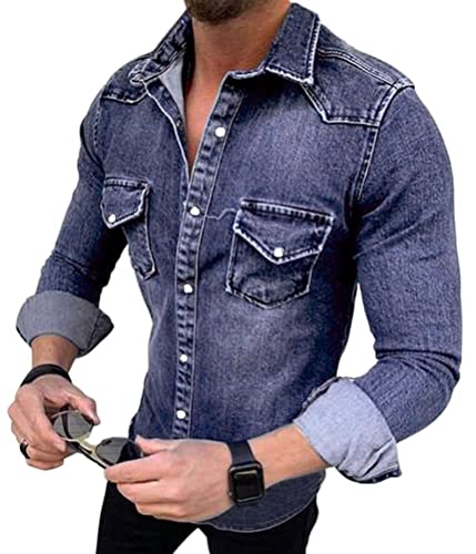 Tomwell Herren Jeansjacke Stehkragenhemd Retro Denim Tops Hemd Denimshirt Moden Design Shirt mit Brusttasche Langarm Slim Fit Casual Freizeithemd Blau L von Tomwell