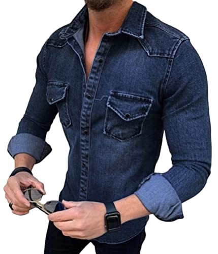 Tomwell Herren Jeansjacke Stehkragenhemd Retro Denim Tops Hemd Denimshirt Moden Design Shirt mit Brusttasche Langarm Slim Fit Casual Freizeithemd Dunkelblau L von Tomwell