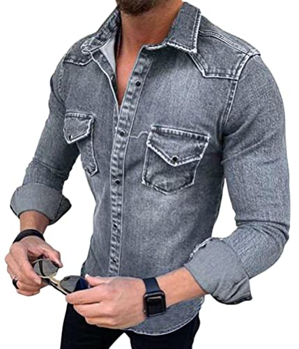 Tomwell Herren Jeansjacke Stehkragenhemd Retro Denim Tops Hemd Denimshirt Moden Design Shirt mit Brusttasche Langarm Slim Fit Casual Freizeithemd Grau 3XL von Tomwell