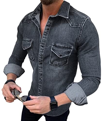 Tomwell Herren Jeansjacke Stehkragenhemd Retro Denim Tops Hemd Denimshirt Moden Design Shirt mit Brusttasche Langarm Slim Fit Casual Freizeithemd Schwarz L von Tomwell