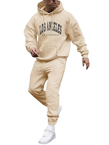 Tomwell Herren Jogginganzug 2 Teile Herbst Winter Sport Set Langarm Sportanzug mit Kapuze Männer Lose Trainingsanzug Los Angeles Brief Hoodie + Jogginghose für Fitness Gym A Beige L von Tomwell