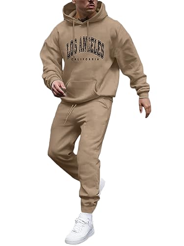 Tomwell Herren Jogginganzug 2 Teile Herbst Winter Sport Set Langarm Sportanzug mit Kapuze Männer Lose Trainingsanzug Los Angeles Brief Hoodie + Jogginghose für Fitness Gym A Khaki L von Tomwell