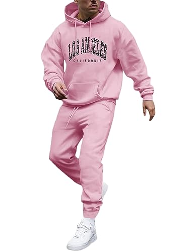 Tomwell Herren Jogginganzug 2 Teile Herbst Winter Sport Set Langarm Sportanzug mit Kapuze Männer Lose Trainingsanzug Los Angeles Brief Hoodie + Jogginghose für Fitness Gym A Rosa L von Tomwell