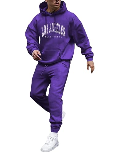 Tomwell Herren Jogginganzug 2 Teile Herbst Winter Sport Set Langarm Sportanzug mit Kapuze Männer Lose Trainingsanzug Los Angeles Brief Hoodie + Jogginghose für Fitness Gym A Violett XL von Tomwell