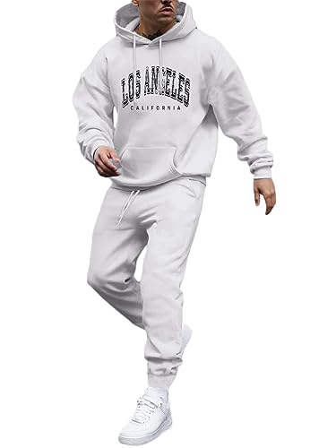 Tomwell Herren Jogginganzug 2 Teile Herbst Winter Sport Set Langarm Sportanzug mit Kapuze Männer Lose Trainingsanzug Los Angeles Brief Hoodie + Jogginghose für Fitness Gym A Weiß L von Tomwell