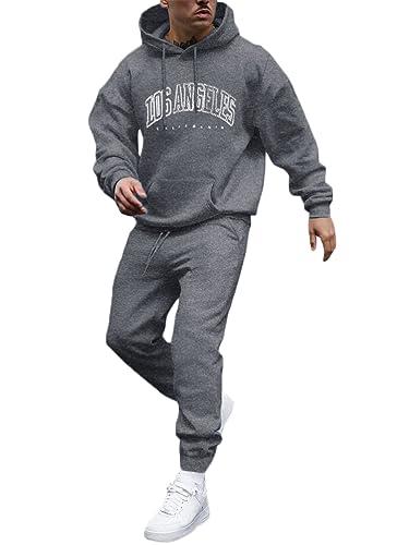 Tomwell Herren Jogginganzug 2 Teile Herbst Winter Sport Set Langarm Sportanzug mit Kapuze Männer Lose Trainingsanzug Los Angeles Brief Hoodie + Jogginghose für Fitness Gym B Dunkelgrau XS von Tomwell