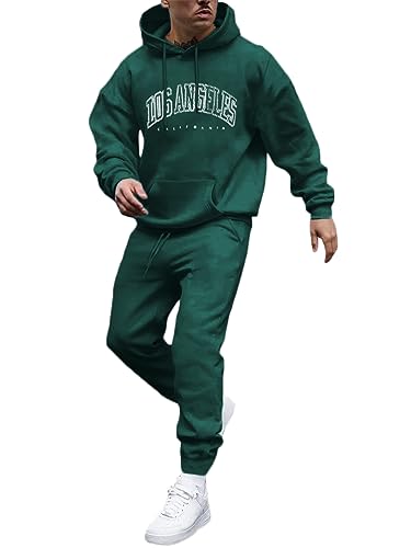 Tomwell Herren Jogginganzug 2 Teile Herbst Winter Sport Set Langarm Sportanzug mit Kapuze Männer Lose Trainingsanzug Los Angeles Brief Hoodie + Jogginghose für Fitness Gym B Dunkelgrün XS von Tomwell