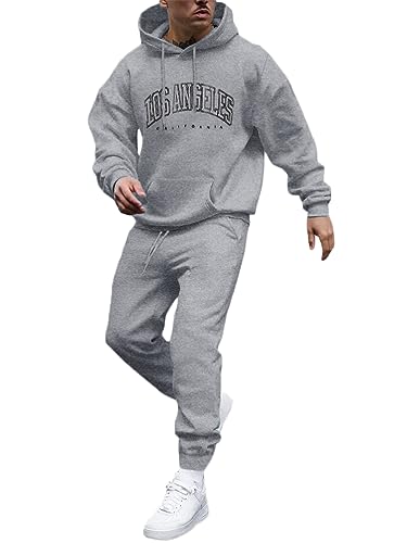 Tomwell Herren Jogginganzug 2 Teile Herbst Winter Sport Set Langarm Sportanzug mit Kapuze Männer Lose Trainingsanzug Los Angeles Brief Hoodie + Jogginghose für Fitness Gym B Hellgrau XL von Tomwell