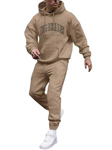 Tomwell Herren Jogginganzug 2 Teile Herbst Winter Sport Set Langarm Sportanzug mit Kapuze Männer Lose Trainingsanzug Los Angeles Brief Hoodie + Jogginghose für Fitness Gym B Khaki M von Tomwell