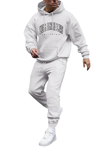 Tomwell Herren Jogginganzug 2 Teile Herbst Winter Sport Set Langarm Sportanzug mit Kapuze Männer Lose Trainingsanzug Los Angeles Brief Hoodie + Jogginghose für Fitness Gym B Weiß L von Tomwell