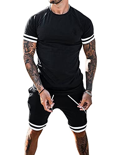 Tomwell Herren Jogginganzug Sportanzug 2-Teiliges Outfit Sport Set Kurzarm StreifenspleißEn Pullover Sommer Freizeit Freizeit Kurze DüNne Sets A Schwarz XS von Tomwell