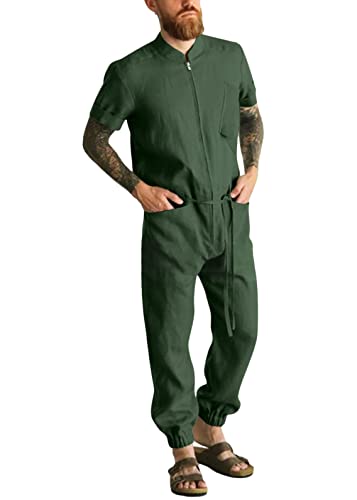 Tomwell Herren Jumpsuit Sommer Kurzarm Overalls Einfarbig Slim Fit Cargo Hose Trainingsanzug Freizeithose Sporthose Einteiler Reißverschluss Bekleidung Armeegrün 3XL von Tomwell