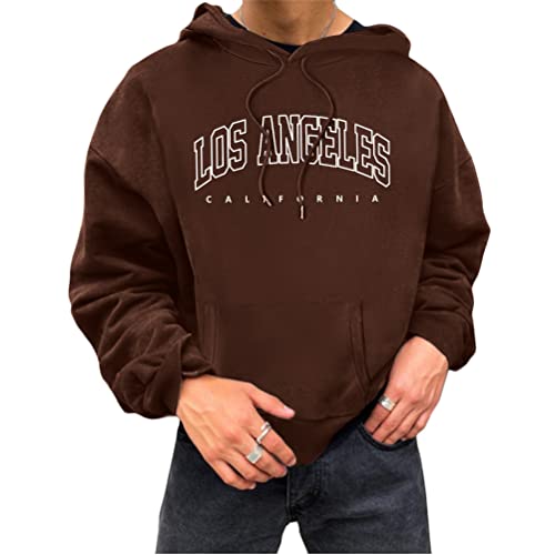 Tomwell Herren Kapuzenpullover Buchstaben Druck Langarm Pullover Lässiges Los Angeles Sweatshirt Warm Pulli mit Kapuze und Sports Casual Bequem Teenager Hoodie Mit Taschen D Kaffee XL von Tomwell