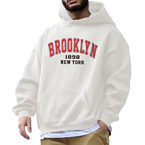 Tomwell Herren Kapuzenpullover Buchstaben Druck Langarm Pullover Lässiges Los Angeles Sweatshirt Warm Pulli mit Kapuze und Sports Casual Bequem Teenager Hoodie Mit Taschen D1 Weiß L von Tomwell