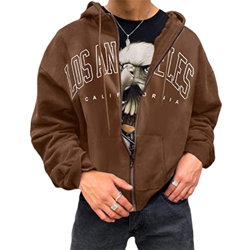 Tomwell Herren Kapuzenpullover Hoodie Druck Langarm Pullover Lässiges Los Angeles Sweatshirt Warm Pulli Sweatjacke mit Kapuze und Reißverschluss Sports Hoodie A Braun M von Tomwell