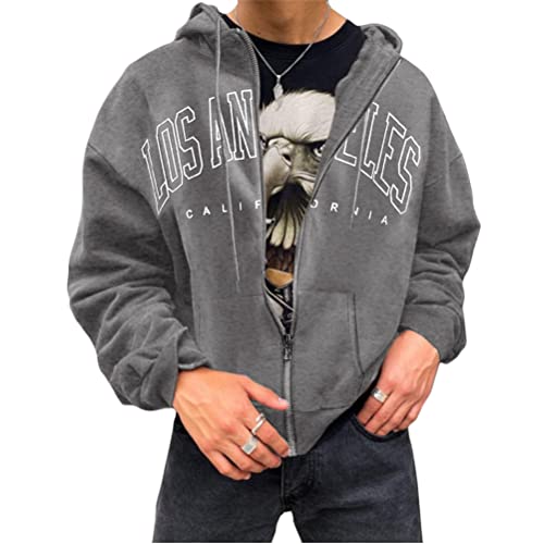 Tomwell Herren Kapuzenpullover Hoodie Druck Langarm Pullover Lässiges Los Angeles Sweatshirt Warm Pulli Sweatjacke mit Kapuze und Reißverschluss Sports Hoodie A Dunkelgrau L von Tomwell