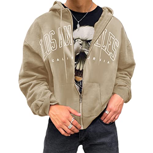 Tomwell Herren Kapuzenpullover Hoodie Druck Langarm Pullover Lässiges Los Angeles Sweatshirt Warm Pulli Sweatjacke mit Kapuze und Reißverschluss Sports Hoodie A Khaki L von Tomwell