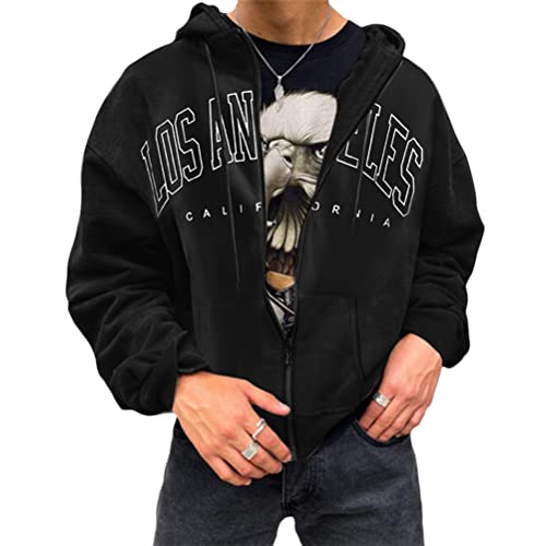 Tomwell Herren Kapuzenpullover Hoodie Druck Langarm Pullover Lässiges Los Angeles Sweatshirt Warm Pulli Sweatjacke mit Kapuze und Reißverschluss Sports Hoodie A Schwarz L von Tomwell