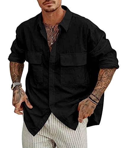 Tomwell Herren Kurzarm Sommer Henley Shirt Urlaub Freizeithemd Mit Knöpfe Vintage Männer Leinenshirt Lässig Sommer Hemden Sommerhemd A Schwarz 3XL von Tomwell