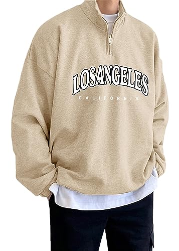 Tomwell Herren Oversized Sweatshirt mit Viertelreißverschluss Lässiges Los Angeles Pullover mit Stehkragen Herbst Winter Pulli Langarmshirt Oberteile Tops Sport Outerwear A Aprikose M von Tomwell