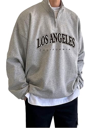 Tomwell Herren Oversized Sweatshirt mit Viertelreißverschluss Lässiges Los Angeles Pullover mit Stehkragen Herbst Winter Pulli Langarmshirt Oberteile Tops Sport Outerwear A Grau L von Tomwell