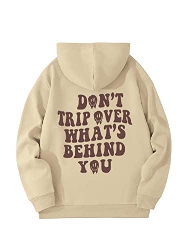 Tomwell Herren Rückendruck Letter Print Hoodie Pullover Oversize Vintage Kapuzenpullover für Damen Herren Langarm Sweatshirt Pulli Unisex Hoodie für Paare Sportbekleidung A Aprikose XL von Tomwell