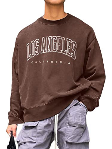 Tomwell Herren Sweatshirt Brief Grafik Langarm Rundhals Los Angeles Pullover Vintage Sweatshirt Herbst Winter Warm Pulli Oversized Casual Bequem Teenager Sportbekleidung A Kaffee M von Tomwell