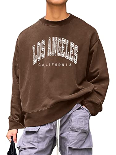 Tomwell Herren Sweatshirt Brief Grafik Langarm Rundhals Los Angeles Pullover Vintage Sweatshirt Herbst Winter Warm Pulli Oversized Casual Bequem Teenager Sportbekleidung B Braun S von Tomwell