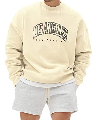 Tomwell Herren Sweatshirt Buchstaben Druck Langarm Rundhals Los Angeles Pullover Lässiges Patchwork Sweatshirt Warm Pulli Oversized Casual Bequem Teenager Sportbekleidung A Beige M von Tomwell