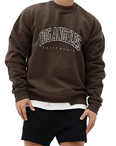 Tomwell Herren Sweatshirt Buchstaben Druck Langarm Rundhals Los Angeles Pullover Lässiges Patchwork Sweatshirt Warm Pulli Oversized Casual Bequem Teenager Sportbekleidung A Braun S von Tomwell