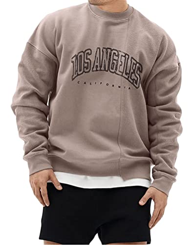 Tomwell Herren Sweatshirt Buchstaben Druck Langarm Rundhals Los Angeles Pullover Lässiges Patchwork Sweatshirt Warm Pulli Oversized Casual Bequem Teenager Sportbekleidung A Khaki M von Tomwell