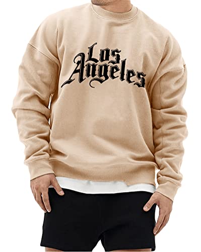 Tomwell Herren Sweatshirt Buchstaben Druck Langarm Rundhals Los Angeles Pullover Lässiges Patchwork Sweatshirt Warm Pulli Oversized Casual Bequem Teenager Sportbekleidung C Beige L von Tomwell