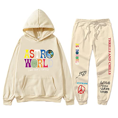 Tomwell Herren Trainingsanzug ASTROWORLD Oversized Sweatshirts Jogginghose und Kapuzenpullover Hip Hop Hoodie und pants Sets Sportanzug A Beige L von Tomwell