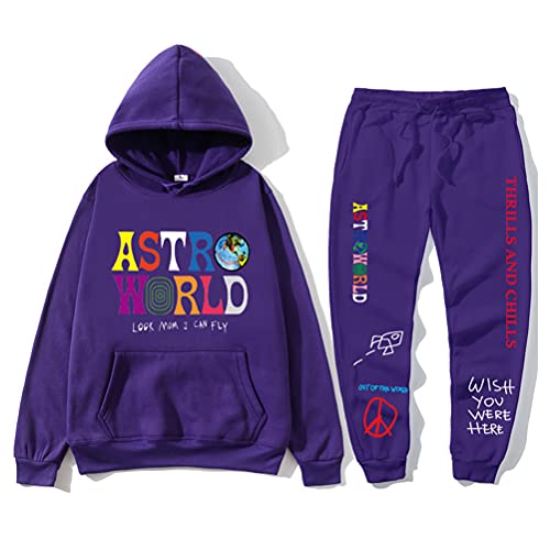 Tomwell Herren Trainingsanzug ASTROWORLD Oversized Sweatshirts Jogginghose und Kapuzenpullover Hip Hop Hoodie und pants Sets Sportanzug A Violett M von Tomwell