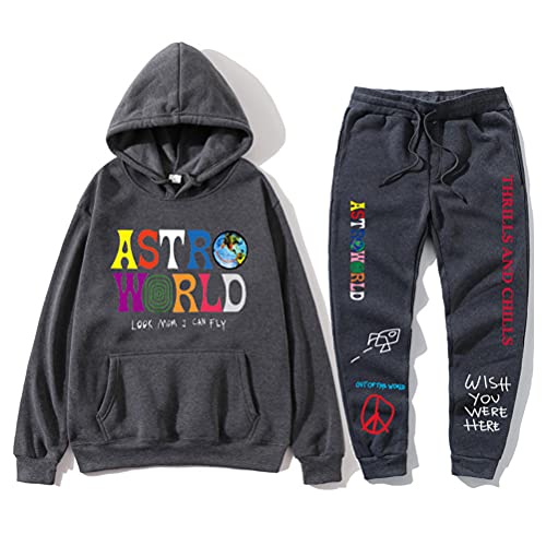 Tomwell Herren Trainingsanzug ASTROWORLD Oversized Sweatshirts Jogginghose und Kapuzenpullover Hip Hop Hoodie und pants Sets Sportanzug A Dunkelgrau L von Tomwell