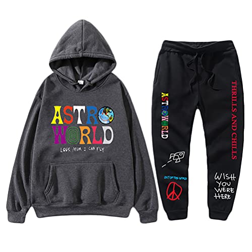 Tomwell Herren Trainingsanzug ASTROWORLD Oversized Sweatshirts Jogginghose und Kapuzenpullover Hip Hop Hoodie und pants Sets Sportanzug B Dunkelgrau XL von Tomwell