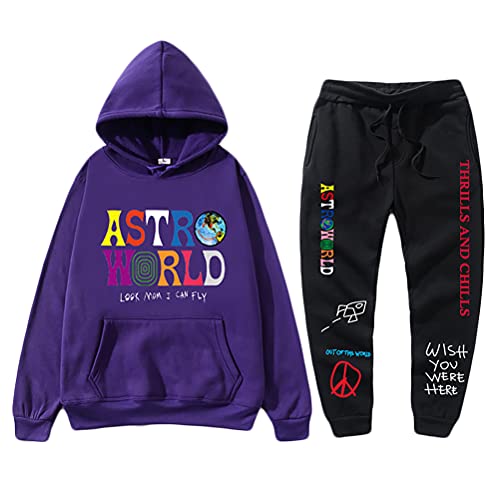 Tomwell Herren Trainingsanzug ASTROWORLD Oversized Sweatshirts Jogginghose und Kapuzenpullover Hip Hop Hoodie und pants Sets Sportanzug B Violett L von Tomwell