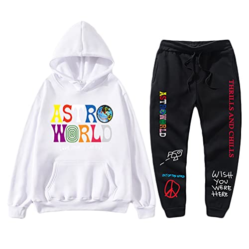 Tomwell Herren Trainingsanzug ASTROWORLD Oversized Sweatshirts Jogginghose und Kapuzenpullover Hip Hop Hoodie und pants Sets Sportanzug B Weiß S von Tomwell