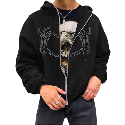 Tomwell Herren Y2K Jacke Zip Up Hoodies Skelett Motiv Graphics Harajuku für Paare Sweatshirt Vintage Kapuzenjacke Gothic Streetwear Locker Sweatjacke mit Kapuze 90er E-Girl Top C Schwarz L von Tomwell