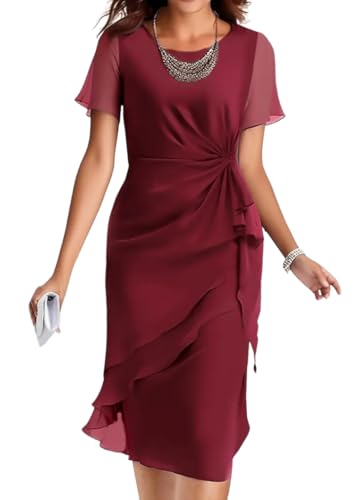 Tomwell Hochzeitsgast Kleid Damen Elegant Rundhals Abendkleider Kurzarm Knielang Cocktailkleid A Weinrot L von Tomwell