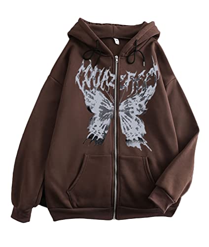 Tomwell Kapuzenpullover für Damen Herren Graphics Harajuku Sweatshirt Vintage Y2K Hoodies Kordelzug für Paare Druck Pullover mit Kapuze 90er E-Girl Streetwear Top C Kaffee S von Tomwell