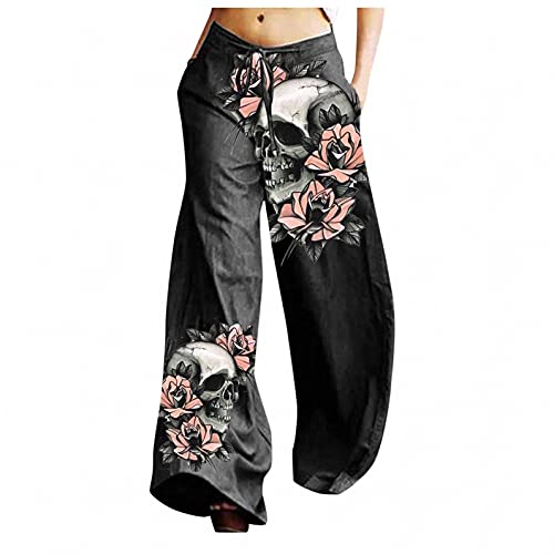 Tomwell Hose Damen High Waist Freizeithose Halloween Totenkopf Blume Bedruckte Hose Weites Bein Hose Mit Taschen Sweathose Loose Fit Schlaghose Haremshose Strandhose B Schwarz XXL von Tomwell