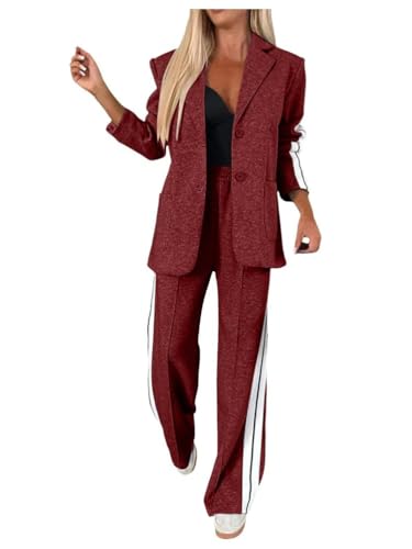 Tomwell Hosenanzug Damen Anzug Elegant 2 Teilig Langarm Zweiteiler Einfarbig Hosenanzug Festlich Modern Anzughose Streetwear A Weinrot XXL von Tomwell