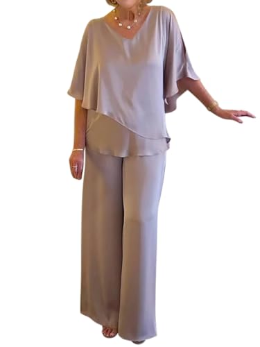 Tomwell Hosenanzug Damen Festlich Elegant Große Größen Tüll Abendanzug Sets Zweiteiler Hohe Taille 2-Teiliges Set Outfit Hochzeit Cocktail Party B Khaki M von Tomwell