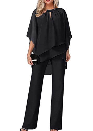 Tomwell Damen Tüll Abendanzug Set - Zweiteiler Chiffon Shirt und Hohe Taille Hosenanzug - Elegant 2-Teiliges Outfit für Cocktail Party - Festlich A Schwarz L von Tomwell